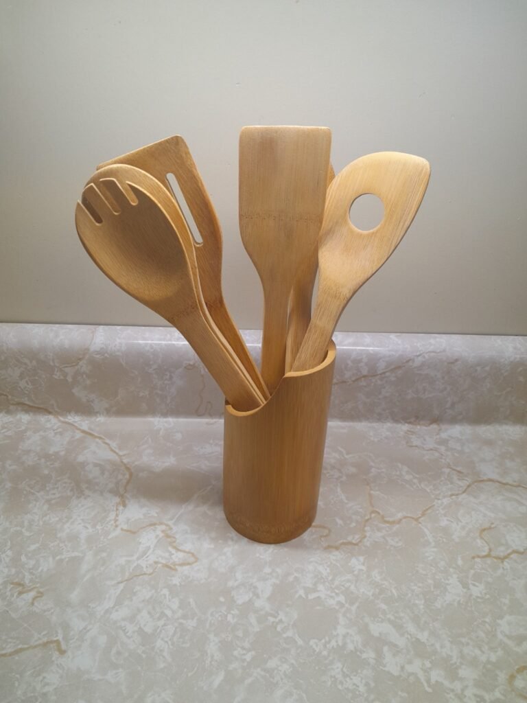 Bamboo kitchen utensil set with matching wooden holder