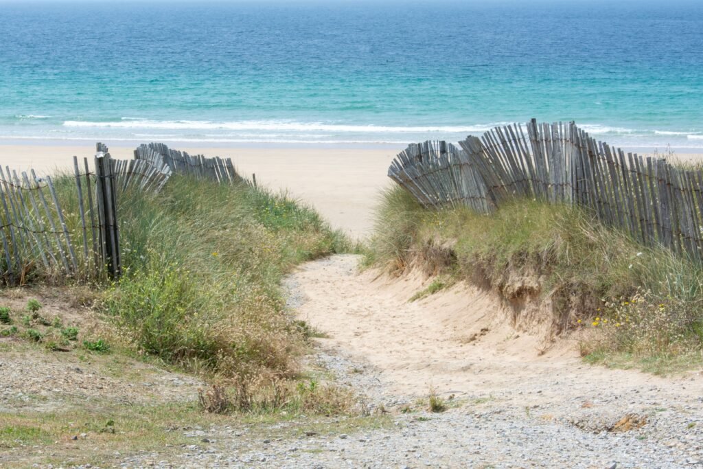 Tranquil pathway through dunes leading to a breathtaking sandy beach and clear ocean view.