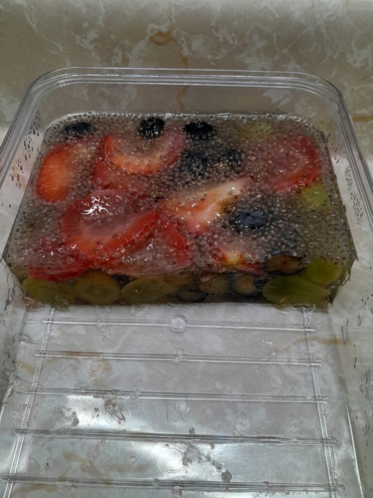 Homemade Fruit & Chia Gelatin Bars – A Naturally Sweet, Budget-Friendly Snack Homemade strawberry, blueberry, and grape chia gelatin dessert setting in a rectangular dish